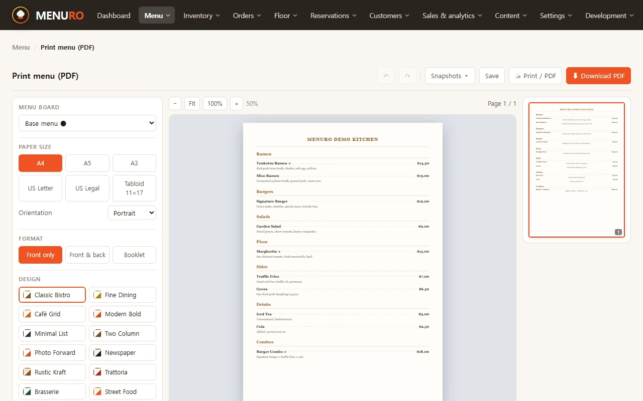 The same data produces the printed menu