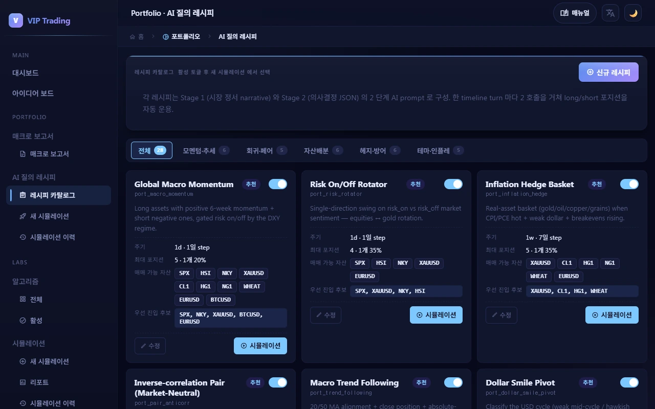 모멘텀·회귀·헤지 레시피 카탈로그에서 골라 시뮬레이션합니다